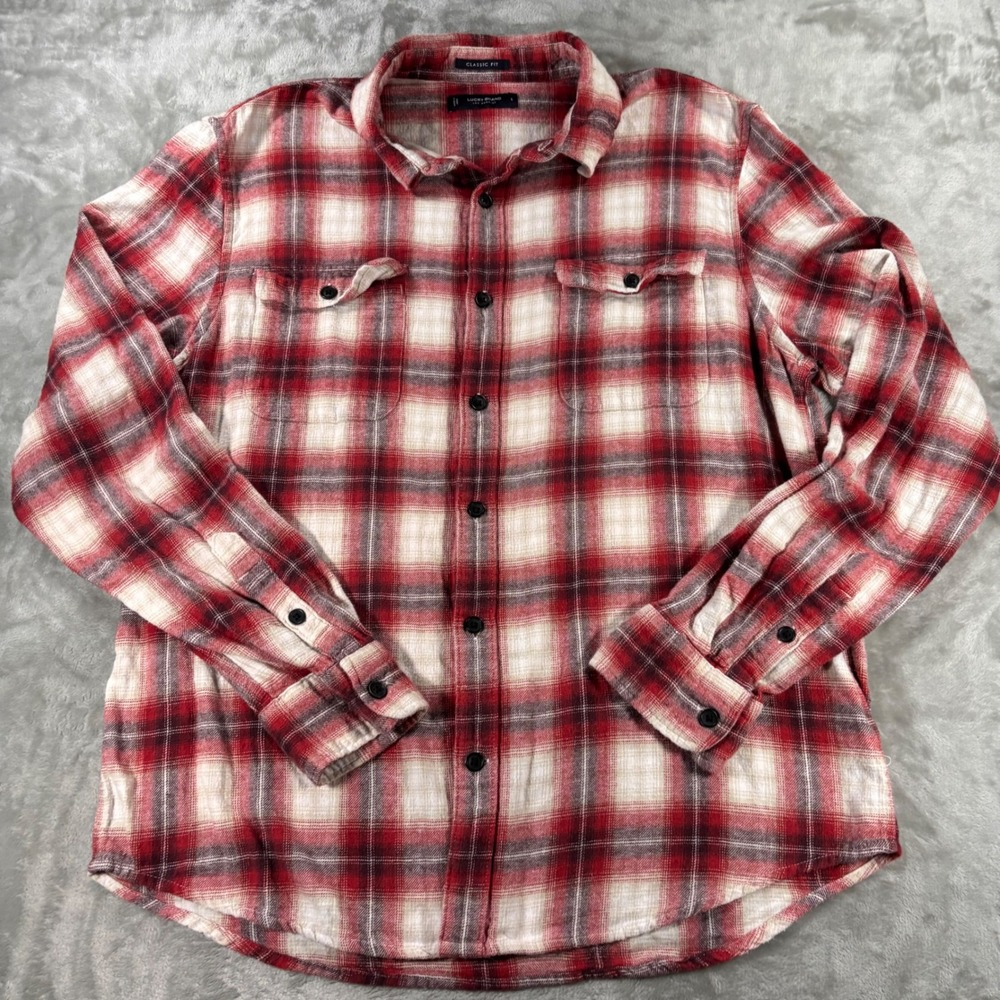 Lucky Brand Mens Red Plaid Flannel Shirt Classic Fit Cotton Large Long Sleeve